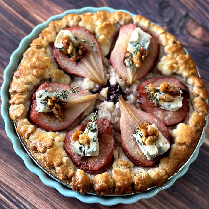 Poached Pear Blue Cheese and Walnut Pie (GF)(V)